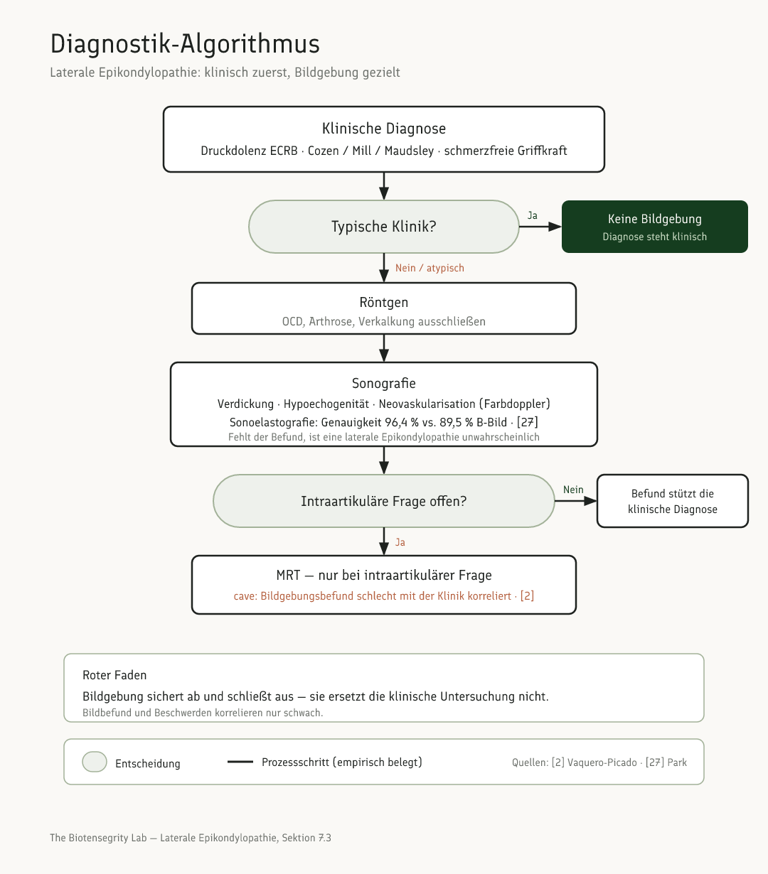 Schema: Diagnostik-Algorithmus der lateralen Epikondylopathie von klinischer Diagnose über Sonografie bis MRT mit Ausschlusspfaden