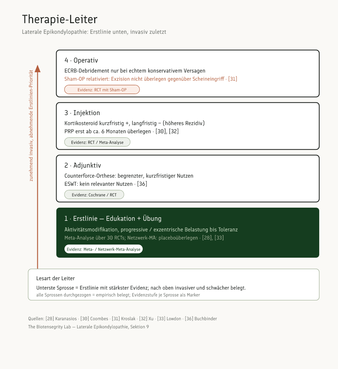 Schema: Therapie-Leiter der lateralen Epikondylopathie von Edukation und Übung über Adjunktiva und Injektionen bis zur Operation mit Evidenzstufen